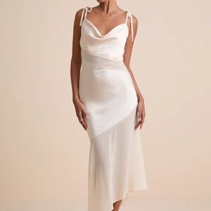 Enara Cream Satin Mesh Tie-Strap Asymmetrical Midi Dress